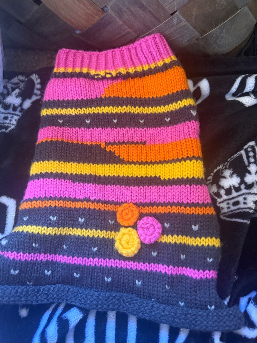 Gray Knit Dog Sweater with Pink, Orange & Yellow Stripes